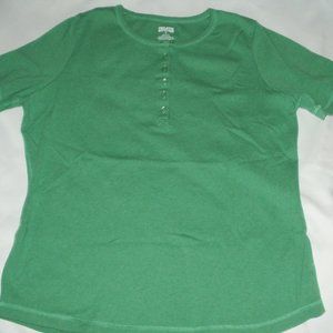 Duluth Trading Co Woman's Short Sleeve Green Henley Tee - Large - 100% Cotton